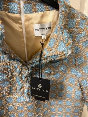 PATTY KIM Light Blue and Tan Tweed Jacket with Fringed Trim